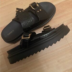 Forever 21 Black Croc-Embossed Platform Buckle Slide Mules
